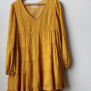 Urban Outfitters Rayon Cotton Mustard Tiered Flowy Dress Size Large BOHO